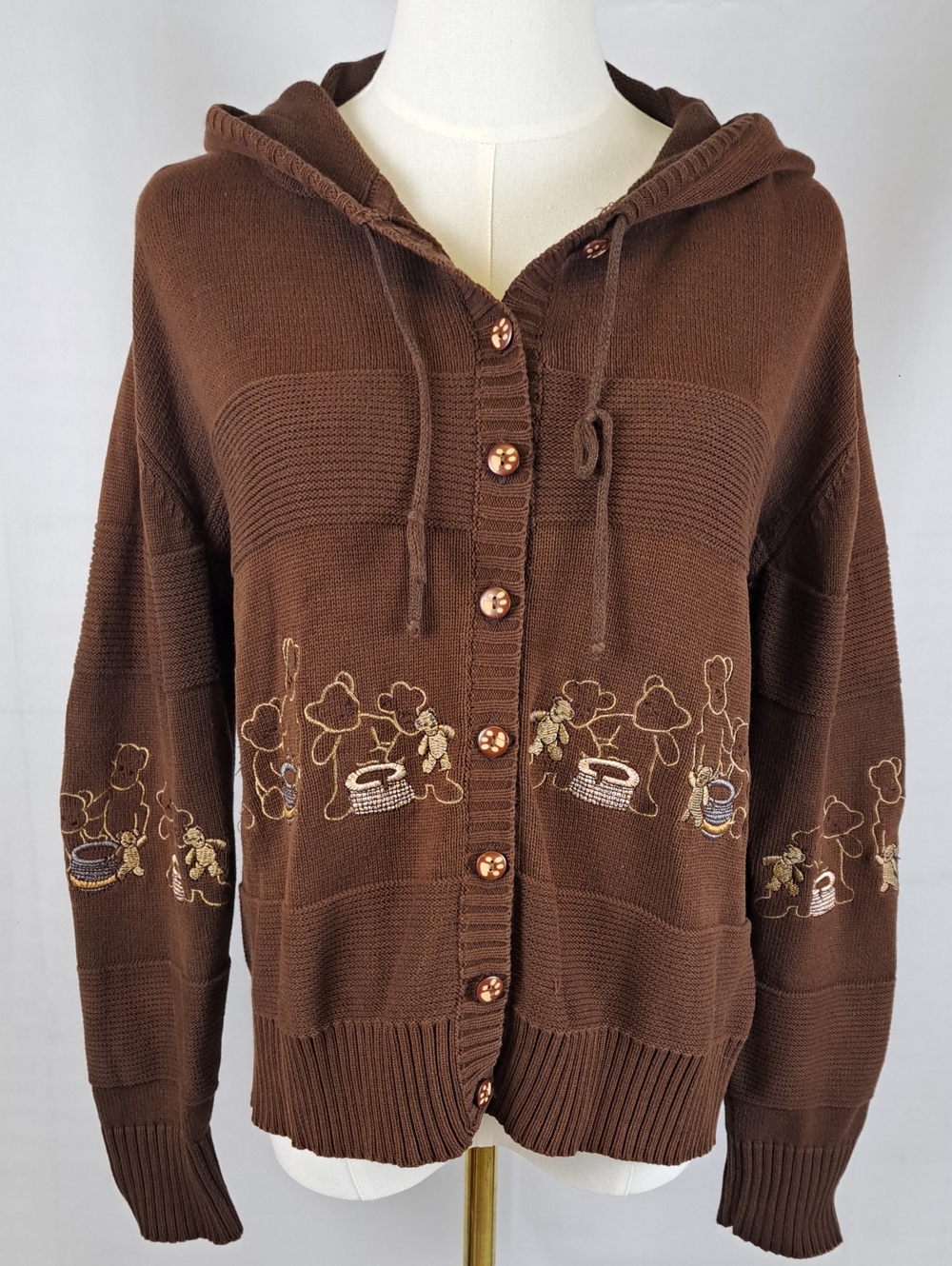 Brown 100% Cotton Embroidered Teddy Bear Animal Print Buttons Hooded Cardigan L